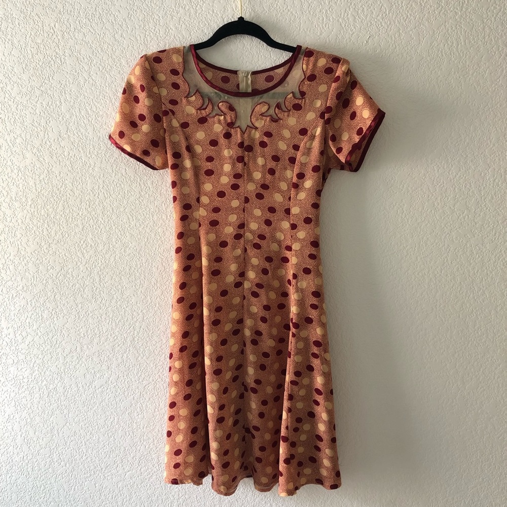 Vintage tan/maroon polka dot dress with net top